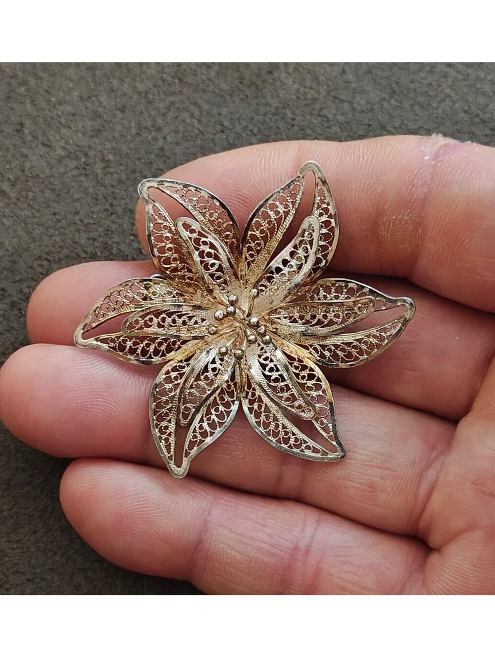 1900s 925 Sterling Silver Filigree Flower Brooch Pin